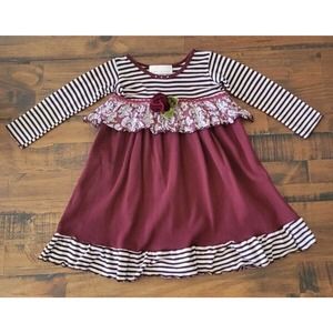 Toni Tierney Boutique Toddler Dress Size 2T Maroon w/ B&W Stripes and Rose